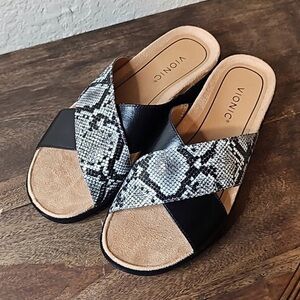 Vionic Size 10, 41 Black Snake Sandals 2-strap Criss-Cross Design Arch Support
